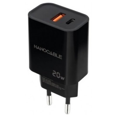 CARGADOR USB-C/PD + USB-A/QC 20W NEGRO NANOCABLE