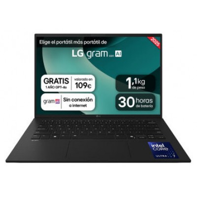 LG Gram 14ZD90T Intel Core Ultra 7 255H Portátil 35,6 cm (14") WUXGA 16 GB LPDDR5x-SDRAM 1 TB SSD FreeDOS Español Negro (Espera 4 dias)