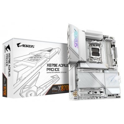 GIGABYTE Placa base X870E AORUS PRO ICE - Compatible con CPUs AMD Ryzen 9000, VRM digital de 16+2+2 fases, hasta 8000MHz DDR5 (OC), 4xM.2 + 4xPCIe 5.0, Wi-Fi 7, LAN 2.5GbE, USB 3.2 Gen 2x2 (Espera 4 dias)