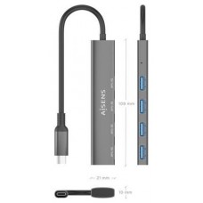 AISENS - HUB USB 3.1 USB-C, USB-C/M-4xTIPO A/H, GRIS, 15CM