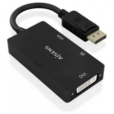 AISENS - CONVERSOR DISPLAYPORT V1.2 A VGA/DVI/HDMI, DP 1.2/M-VGA/H-DVI/H-HDMI/H 4K, NEGRO, 15CM