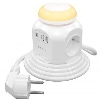 AISENS - REGLETA DE ENCHUFES SOBREMESA MULTIFUNCION CON 4 TOMAS + 1XUSB-C 20W PD3.0, 2XUSB-A 18W QC3.0, LUZ NOCTURNA, 1.8M, BLANCO