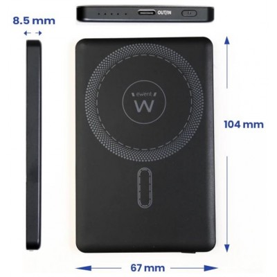 EWENT POWERBANK ULTRASLIM MAGSAFE® 5000MAH  PD 20W, 1X USB-C (IN/OUT), 1X USB-A PORT, 104X67X8’55MM, 112GR, BLACK (Espera 4 dias)