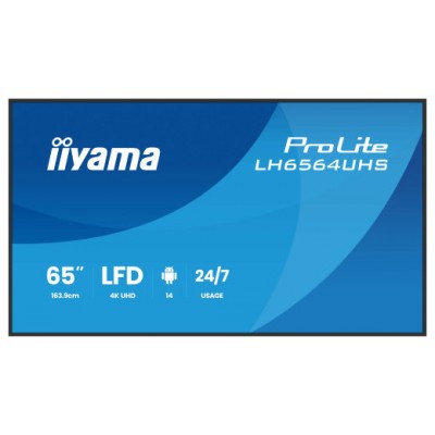 MONITOR IIYAMA 65" 3840X2160, UHD VA DLED PANEL, HAZE 25% 500CD/M², LANDSCAPE AND PORTRAIT, SPEAKERS 2X 10W, 2X HDMIX 1X USB-C , USB 2.0 X2, WIFI, LAN, MEDIA PLAY USB PORT, CONTROL LAN / RS232C, IISIGNAGE2 (CMS/DMS), ANDROID 14 (LH654UHS-B1AG) (