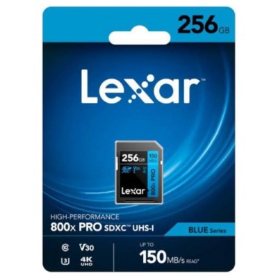 LEXAR 256GB PROFESSIONAL 800X PRO SDXC UHS-I CARDS,  UP TO 150MB/S READ 45MB/S WRITE C10 V30 U3 (Espera 4 dias)