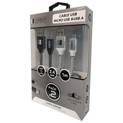 SUBBLIM PACK 2 CABLES USB A MICRO USB (2.4A) 1M BLACK/SILVER (Espera 4 dias)