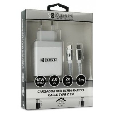 SUBBLIM Cargador Smart charger PD18W+2.4A + C to C cable White