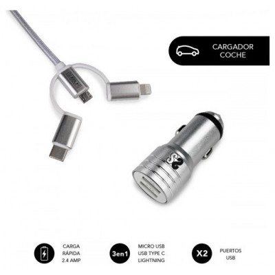 CARGADOR COCHE SUBBLIM ALUM 2.4A + CABLE 3 IN1 SILVER