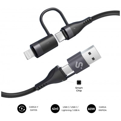 CABLE TOP 4 EN 1 60W USB-A/2xUSB-C/LIGHTNING 1 M NEGRO SUBBLIM (Espera 4 dias)