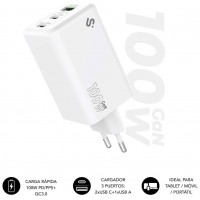 CARGADOR PARED/VIAJE 2xUSB-C + USB/A GaN 100W PD BLANCO SUBBLIM (Espera 4 dias)