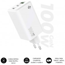 CARGADOR PARED/VIAJE 2xUSB-C + USB/A GaN 100W PD BLANCO SUBBLIM (Espera 4 dias)