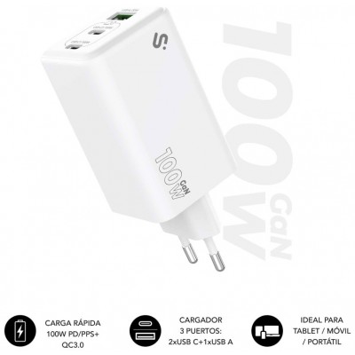 CARGADOR PARED/VIAJE 2xUSB-C + USB/A GaN 100W PD BLANCO SUBBLIM (Espera 4 dias)