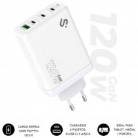 CARGADOR PARED/VIAJE 3xUSB-C + USB/A GaN 120W PD BLANCO SUBBLIM (Espera 4 dias)