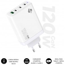 CARGADOR PARED/VIAJE 3xUSB-C + USB/A GaN 120W PD BLANCO SUBBLIM (Espera 4 dias)
