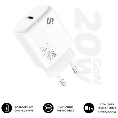 CARGADOR PARED/VIAJE USB-C GaN 20W PD BLANCO SUBBLIM (Espera 4 dias)