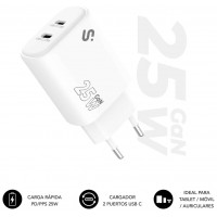 CARGADOR PARED/VIAJE 2x USB-C GaN 25W PD BLANCO SUBBLIM (Espera 4 dias)