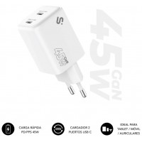 CARGADOR PARED/VIAJE 2xUSB-C GaN 45W PD BLANCO SUBBLIM (Espera 4 dias)