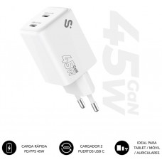 CARGADOR PARED/VIAJE 2xUSB-C GaN 45W PD BLANCO SUBBLIM (Espera 4 dias)