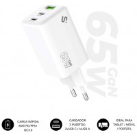 CARGADOR PARED/VIAJE 2xUSB-C +USB-A GaN 65W PD BLANCO SUBBLIM (Espera 4 dias)