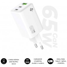 CARGADOR PARED/VIAJE 2xUSB-C +USB-A GaN 65W PD BLANCO SUBBLIM (Espera 4 dias)
