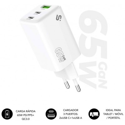 CARGADOR PARED/VIAJE 2xUSB-C +USB-A GaN 65W PD BLANCO SUBBLIM (Espera 4 dias)