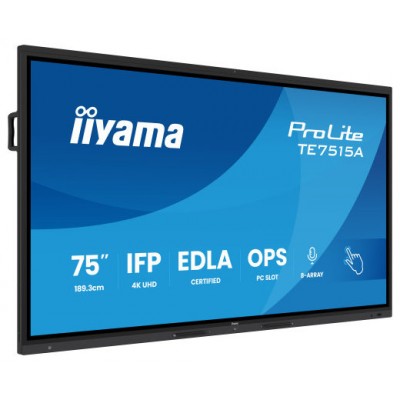 PANTALLA INTERACTIVA 75" EDLA, ANDROID 14, 16/128GB UHD IPS, MM 2X 20W  + 20W SUBWR, 2X HDMI, DP , 1X USB-C,  550CD/M, HORIZ , MEDIA PLAY USB PORTS, ANTIGLARE, LAN, RS232C, IIWARE WIFI-6/BT 5.0, OPS SLOT, VESA 400X400 (MOUNT INCLUDED) (TE7515A-B1AG) 