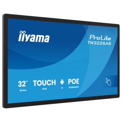 IIYAMA 32" PANEL-PC ANDROID 14+GMS, SOC OCTO-CORE RK3576 4GB, 32GB, 10-POINTS TOUCH, 1920X1080, VA PANEL, SPEAKERS, MIC, POE, WIFI, BT5.3, MICRO-SD SLOT, HDMI-IN, 3X USB, 430CD/M2, IISIGNAGE2 SUPPORTED, FLUSH WALL-MOUNT INCLUDED (TW3226AS-B3P) (Esper